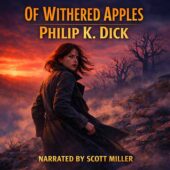 Vintage science fiction cover art for Of Withered Apples by Philip K. Dick showing a tense woman standing alone on a rocky hillside at dusk, wind whipping her coat as dead trees loom through mist, evoking classic sci-fi dread, uncanny nature, and psychological unease typical of vintage science fiction storytelling.