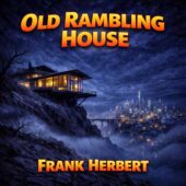 Old Rambling House by Frank Herbert, ultra-modern cliffside home glowing above a foggy futuristic city at night, eerie leafless trees and stormy sky creating dramatic contrast between isolation and civilization, cinematic vintage science fiction atmosphere with moody blue tones and distant illuminated skyscrapers