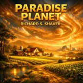 Paradise Planet by Richard S. Shaver illustrated as a serene alien farmstead with cultivated fields, a quiet river, distant futuristic domed city, and swirling metallic sky, evoking vintage science fiction and classic sci-fi themes of perfect worlds and hidden control