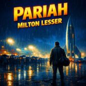Square cover art for Pariah by Milton Lesser depicting a rain-soaked futuristic spaceport at night, a lone man standing apart from a crowd under umbrellas facing a towering rocket, cinematic realism conveying isolation and displacement, vintage science fiction atmosphere, classic sci-fi space exploration theme.