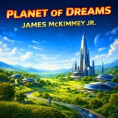 Square promotional artwork for Planet of Dreams by James McKimmey Jr., vintage science fiction scene showing a serene alien world with lush green landscapes, futuristic metallic homes, and a towering central spire under a star-filled sky, classic sci-fi utopia atmosphere with subtle tension and advanced civilization aesthetics.