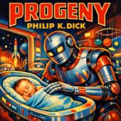 Retro sci-fi illustration of a gentle humanoid robot tending a sleeping newborn in a futuristic cradle, set inside a space-age nursery with planets and rockets outside the window; bold cover text reads “Progeny” and “Philip K. Dick.”