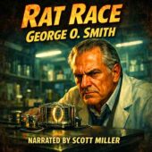 vintage science fiction illustration of a tense middle-aged scientist studying a strange wire laboratory device on a workbench under cold fluorescent lighting, intense expression and furrowed brow suggesting a dangerous experiment, cinematic dramatic lighting with deep shadows and glowing apparatus, Rat Race by George O. Smith, classic retro sci-fi atmosphere evocative of vintage science fiction laboratory discoveries