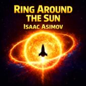 A lone spacecraft silhouetted against a blazing sun with a glowing, distorted halo of bent radiation surrounding it, set in deep black space with scattered stars, rendered in bold vintage science fiction style for Ring Around the Sun by Isaac Asimov.