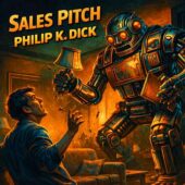 Sales Pitch by Philip K. Dick vintage science fiction illustration of a towering chrome salesman robot looming over a terrified man in a cramped apartment, smashing household objects during a forced sales demonstration, bold retro sci-fi colors, dramatic lighting, dystopian futuristic advertising theme, classic vintage sci-fi artwork