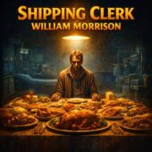 Shipping Clerk by William Morrison, vintage science fiction illustration of a gaunt man seated at a long table overflowing with untouched food in a stark medical room, surreal classic sci-fi atmosphere of endless hunger and unseen forces