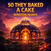 Vintage science fiction illustration for So They Baked a Cake by Winston Marks featuring a glowing alien celebratory structure resembling a futuristic dome cake, warm golden lights, distant figures approaching across a lush extraterrestrial landscape at sunset, classic sci-fi atmosphere, retro science fiction mood, otherworldly wonder and optimism