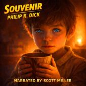 Vintage science fiction illustration inspired by Souvenir by Philip K. Dick showing a young boy holding a hand-carved wooden cup inside a softly lit home, his blue eyes calm and reflective, symbolizing memory, loss, and the quiet aftermath of a vanished world in classic sci-fi storytelling.