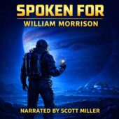 Spoken For by William Morrison vintage science fiction artwork showing a lone astronaut on an icy moon landscape beneath Jupiter’s vast striped disk, holding a photograph while distant colony domes glow against a cold blue alien horizon, classic sci-fi atmosphere of isolation, memory, and lost time