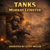 Tanks by Murray Leinster vintage science fiction cover art featuring a mud-covered infantry sergeant crouched beside a damaged concrete pillbox in a fog-filled battlefield, distant tanks barely visible through smoke and haze, glowing embers and dramatic cinematic lighting, narrated by Scott Miller