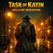 Alien disguised as a human standing alone on a rain-soaked city street at night, wings partially concealed beneath a long coat, moody streetlights reflecting on wet pavement, atmospheric urban setting evoking vintage science fiction themes from Task of Kayin by William Morrison, classic sci-fi alien contact story with quiet tension and hidden danger