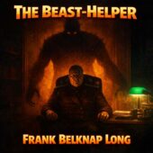 Vintage science fiction horror scene inspired by The Beast-Helper by Frank Belknap Long, showing a stern authoritarian leader seated at a desk in a shadowy paneled office while a gigantic monstrous humanoid silhouette looms behind him, glowing eyes and clawed hands emerging from fiery backlight, green banker’s lamp casting eerie illumination across papers and machinery, ultra-detailed retro sci-fi atmosphere with dark cinematic lighting and looming cosmic dread