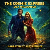 vintage science fiction illustration inspired by The Cosmic Express by Jack Williamson featuring two terrified explorers struggling through a rain-soaked alien jungle while a massive reptilian creature emerges from the shadows behind them, glowing eyes in dense tropical foliage, dramatic cinematic lighting, classic pulp adventure atmosphere, vintage science fiction style, narrated by Scott Miller