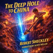 The Deep Hole to China by Robert Sheckley vintage science fiction cover art featuring a determined young boy digging into a massive glowing tunnel in a suburban backyard, blue plasma light rising from the depths, floating rocks and debris suspended midair, dramatic cinematic lighting, bold warm orange and cool blue contrast, retro-futuristic sci-fi illustration style