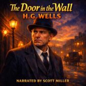 Vintage science fiction illustration for The Door in the Wall by H. G. Wells featuring a middle-aged man in formal Edwardian clothing standing on a gaslit city street at dusk, warm orange lamplight reflecting on wet cobblestones, horse-drawn carriage in the background, dramatic lighting and atmospheric shadows, painterly retro sci-fi cover art style