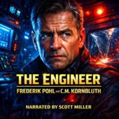 vintage science fiction illustration of a tense middle-aged engineer inside a deep-sea control room with glowing blue instrument panels and flashing red pressure alarms, worried expression on his face as ocean water batters the structure outside, dramatic lighting, cinematic sci-fi atmosphere — The Engineer by Frederik Pohl and C. M. Kornbluth