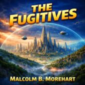 Futuristic domed city rising above misty valleys and a winding river, white towers and hovering vehicles under a storm-dark sky, classic vintage science fiction artwork for The Fugitives by Malcolm B. Morehart, evoking retro sci-fi surveillance, authoritarian futures, and mid-century science fiction atmosphere