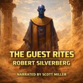 The Guest Rites by Robert Silverberg vintage science fiction cover art featuring a tall blue-skinned alien priest standing in a sun-bleached desert temple, sand swirling in golden light, painterly sci-fi realism, bold dramatic atmosphere, narrated by Scott Miller, classic sci-fi illustration style