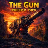 Square sci-fi cover art depicting a massive futuristic cannon mounted on heavy machinery amid ancient stone ruins. The scene is bathed in fiery orange and red sunset light beneath dramatic clouds. Bold yellow title text at the top reads “The Gun,” with “Philip K. Dick” beneath it, evoking a dark, apocalyptic vintage science-fiction tone.