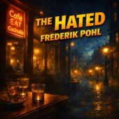 Vintage science fiction illustration for The Hated by Frederik Pohl, showing a dimly lit roadside bar at night with glowing neon light spilling onto a rain-soaked street, whiskey glasses on a wooden table in the foreground, foggy urban atmosphere, cinematic realism, classic sci-fi mood, psychological tension, retro science fiction ambiance.