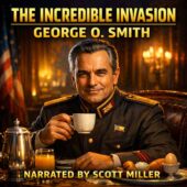 vintage science fiction illustration for The Incredible Invasion by George O. Smith showing a composed authoritarian leader in a formal uniform seated at an elegant breakfast table, faint calculating smile while holding a coffee cup, warm golden lighting reflecting from polished silverware and glassware, rich dramatic shadows and cinematic atmosphere conveying quiet political power in a classic retro sci-fi style