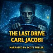 The Last Drive by Carl Jacobi vintage science fiction audiobook cover, corpse-like driver gripping steering wheel inside 1930s delivery van, black glassy eyes, intense expression, snowstorm through cracked windshield, eerie blue gray lighting, cinematic retro horror illustration