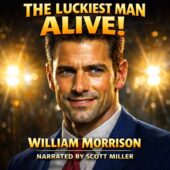 Vintage science fiction style portrait of a confident man in a blue suit and red power tie under harsh stage lights, forced smile with tension in his eyes, dramatic glowing background, The Luckiest Man Alive! by William Morrison