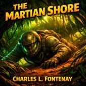 Illustration inspired by The Martian Shore by Charles L. Fontenay showing a lone astronaut crawling beneath dense alien vegetation on Mars, low-angle view with green light trapped under plant canopies, realistic vintage science fiction atmosphere of survival on an alien world