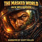 The Masked World by Jack Williamson vintage science fiction cover art showing a hardened astronaut inside a battle-scarred helmet, intense eyes visible through a glowing visor reflecting alien terrain and strange vegetation, fiery orange lighting and dramatic shadows, retro sci-fi adventure illustration style, narrated by Scott Miller.