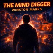 A haunting vintage science fiction illustration for The Mind Digger by Winston Marks, showing a solitary man seen from behind, standing at the center of swirling film-like memory fragments filled with emotional moments, glowing scenes, and human experiences, evoking classic sci-fi themes of memory, identity, and the psychological cost of perfect recall.