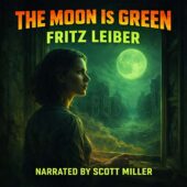 vintage science fiction illustration for The Moon Is Green by Fritz Leiber showing a woman in a dark underground apartment looking out an open window at a ruined radioactive city street under an eerie glowing green moon, post-apocalyptic atmosphere with drifting dust and cinematic green light illuminating shattered buildings and the woman’s face, dramatic retro sci-fi style digital painting for The Lost Sci-Fi Podcast narrated by Scott Miller