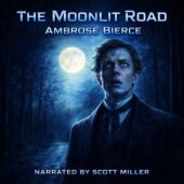 The Moonlit Road by Ambrose Bierce vintage science fiction cover featuring a pale nineteenth century Southern gentleman standing on a deserted moonlit road, eyes wide with dread, cold blue lighting, shadowed forest, painterly gothic illustration style