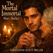 The Mortal Immortal by Mary Shelley vintage science fiction illustration of a youthful man with sorrowful eyes gently holding the aged hand of an elderly woman, candlelit interior, strong emotional contrast between eternal youth and human aging, warm dramatic lighting, classic sci-fi atmosphere
