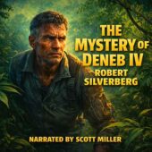 An intense illustrated scene from vintage science fiction showing a rugged human navigator in a torn flight suit pushing through dense alien jungle foliage, alert and suspicious on the hostile world of Deneb IV, evoking classic sci-fi tension and alien danger from The Mystery of Deneb IV by Robert Silverberg, vintage science fiction atmosphere, classic sci-fi adventure and suspense.