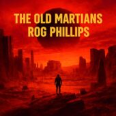 Square promotional cover image for The Old Martians by Rog Phillips featuring a lone human figure standing in vast ancient Martian ruins beneath a dark red sky, evoking vintage science fiction alien contact, classic sci-fi mystery, and forgotten Martian technology.