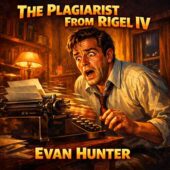 A terrified writer recoils from a self-typing typewriter in a dim apartment as pages blur with motion, capturing the moment of creative panic and alien influence in The Plagiarist From Rigel IV by Evan Hunter, vintage science fiction scene filled with classic sci-fi tension, retro atmosphere, and uncanny literary horror.