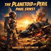 vintage science fiction audiobook cover art for The Planetoid of Peril by Paul Ernst showing a lone man in a spacesuit standing beside a shattered spacecraft on a tiny alien planetoid, fear and determination visible on his face, glowing alien vegetation under harsh sunlight, cinematic modern sci-fi realism evoking classic sci-fi adventure and peril