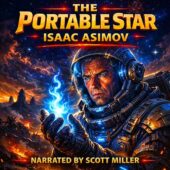 The Portable Star Isaac Asimov vintage science fiction cover featuring a determined astronaut in a futuristic space suit holding a glowing blue flame on a rocky alien landscape under a star-filled sky, cinematic retro sci-fi artwork narrated by Scott Miller