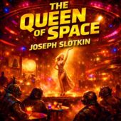 vintage science fiction cover art for The Queen of Space by Joseph Slotkin featuring a glamorous performer dancing under golden lights in a futuristic Venus nightclub, surrounded by alien patrons, neon architecture, smoky atmosphere, and retro sci-fi spectacle evoking classic sci-fi pulp energy