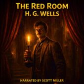 Vintage science fiction illustration of a lone man holding a candle inside a shadow-filled castle chamber with deep red drapes and towering architecture, intense warm candlelight illuminating his face while darkness surrounds him, The Red Room by H. G. Wells
