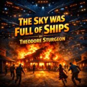 Vintage science fiction scene inspired by The Sky Was Full of Ships by Theodore Sturgeon, a desert crossroads town at night engulfed in flames as terrified townspeople flee into the street while countless massive alien spacecraft fill the starless sky overhead, casting cold metallic light over burning wooden buildings and a chaotic small town landscape, cinematic retro sci fi invasion atmosphere with dramatic firelight, deep shadows, and looming extraterrestrial fleet dominating the heavens.