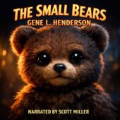 Small alien creature resembling a teddy bear with glossy black eyes and soft brown fur, lit by warm cinematic lighting against a dark background, from The Small Bears by Gene L. Henderson, vintage science fiction style
