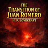 Vintage science fiction illustration for The Transition of Juan Romero by H. P. Lovecraft depicting a vast underground mine cavern opening into a fiery, immeasurable abyss, glowing with unnatural red light, heavy fog, ominous shadows, and crumbling wooden mining structures, evoking classic sci-fi horror and Lovecraftian cosmic dread