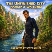 Vintage science fiction illustration for The Unfinished City by Donald A. Wollheim, featuring a tall gaunt man in dark fitted garments standing beside a river in a half-built golden stone city, unfinished towers rising behind him, jungle vines pressing against ancient walls, dramatic realistic lighting, bold classic sci-fi cover art style, narrated by Scott Miller.