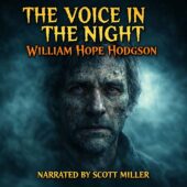 Close-up portrait of a weathered man emerging from dense mist, his face marked by unnatural gray fungal growth and pale, textured skin, eyes heavy and strained under dim moonlit fog, eerie maritime horror atmosphere inspired by The Voice in the Night by William Hope Hodgson, vintage science fiction style