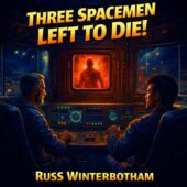 Square vintage science fiction illustration for Three Spacemen Left to Die! by Russ Winterbotham showing two astronauts in a dim circular spacecraft control room watching a third figure isolated behind sealed bulkheads glowing with dangerous red energy, tense classic sci-fi atmosphere of space exploration and existential threat