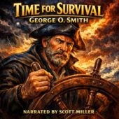 vintage science fiction illustration of a weathered nineteenth century sea captain gripping a wooden ship’s wheel during a violent ocean storm, intense worried expression on his face, wind whipping his beard and coat, lightning tearing through dark storm clouds behind him, dramatic cinematic lighting, rich painterly textures, classic retro sci-fi cover art style for Time for Survival by George O. Smith, vintage science fiction aesthetic