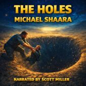 The Holes by Michael Shaara vintage science fiction audiobook cover art featuring two astronauts struggling at the edge of a massive bottomless hole on an alien desert world at sunset, modern cinematic sci-fi illustration, narrated by Scott Miller.