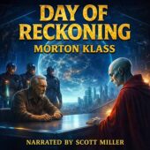 Square vintage science fiction cover art for Day Of Reckoning by Morton Klass, modern sci-fi tribunal scene inside a futuristic chamber overlooking a ruined megacity. An aging bearded resistance leader with weathered face sits at a metallic table facing a tall pale alien in a deep crimson cloak. Four armored human soldiers with glowing energy restraints stand behind him. A massive holographic Earth glows blue in the background, with cinematic lighting, bold contrast, warm golden highlights, and retro-inspired classic sci-fi aesthetic. Title text in metallic gold serif with deep beveled emboss effect, and Narrated by Scott Miller at the bottom in matching vintage science fiction style.